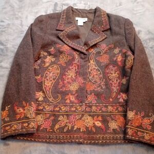 Coldwater Creek Blazer Jacket Womens Sz Petite Large Brown Paisley Floral Autumn